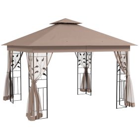 Outsunny 10x11.5 Steel Gazebo, Double Vented Roof, Tree Motifs Corner Frame and Netting, Drainage Grommets, for Outdoor, Party, Brown
