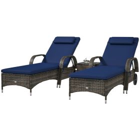 Outsunny Patio Wicker Chaise Lounge Chair Set of 2 with Table, Adjustable Backrest, Wheels, Cushion & Headrest, Dark Blue