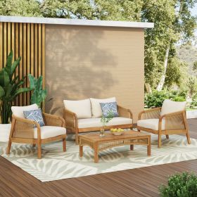 4-Pieces Acacia Wood Patio Furniture Set, Outdoor Furniture with Coffee Table, Patio Conversation Set Deep Seating with Soft Cushion
