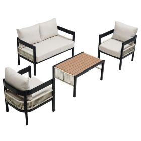 U_Style Multi-person Outdoor Iron Sofa Set with A table, Rattan Decoration, Waterproof, Rust-proof, Suitable for Garden, Lawn Use (Color: as Pic)