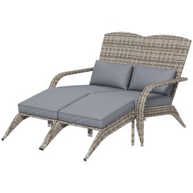 Outsunny Wicker Adirondack Chair for 2 with Cushions & Footrests, PE Rattan Double Chaise Lounge Chair, Fire Pit Chair for Porch with High-back (Color: Gray)
